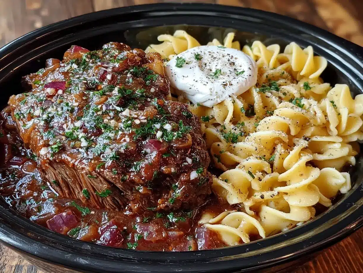 Creamy Crockpot Pot Roast Stroganoff preparation steps