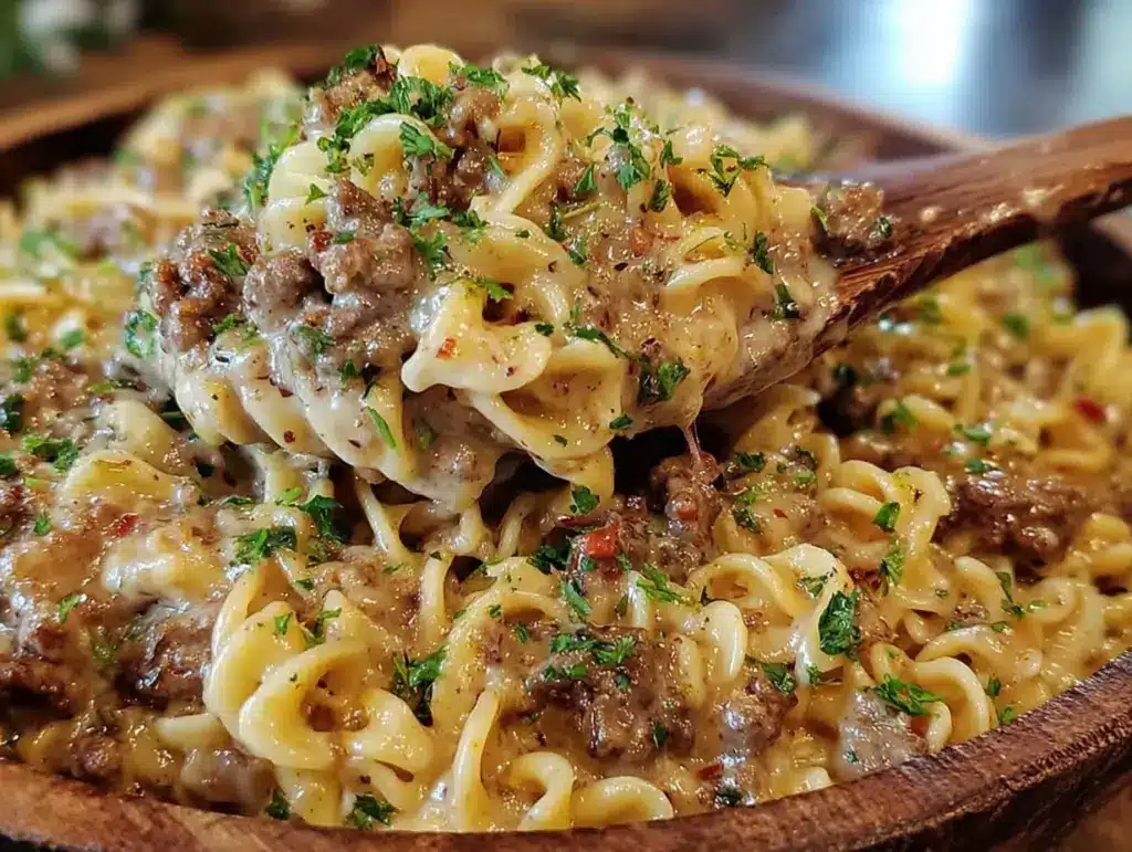 creamy ground beef stroganoff - featured image