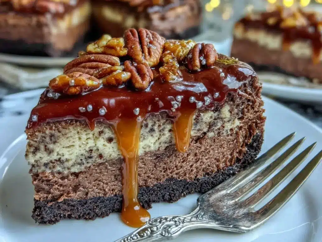 gluten-free triple chocolate turtle cheesecake - featured image