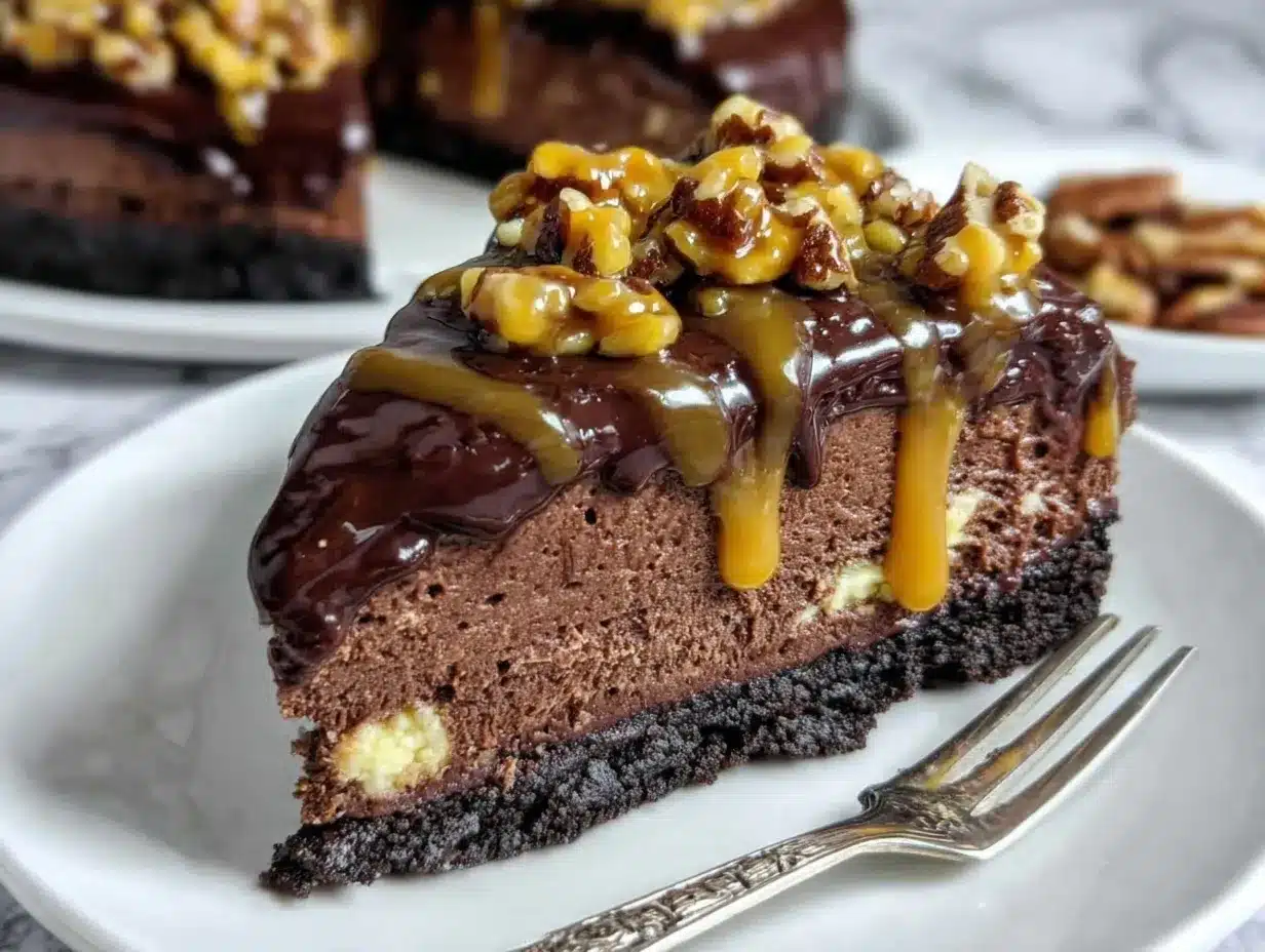 gluten-free triple chocolate turtle cheesecake preparation steps