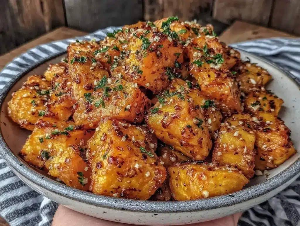 honey garlic butter roasted sweet potatoes - featured image
