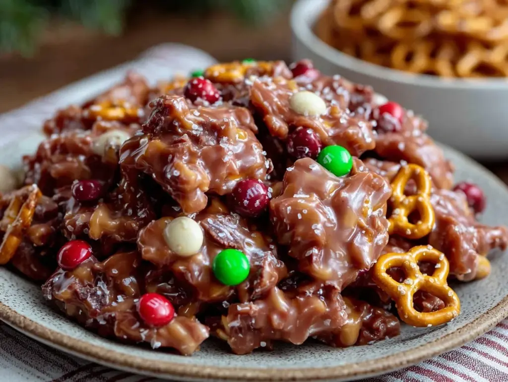 slow cooker chocolate candy with pretzels - featured image