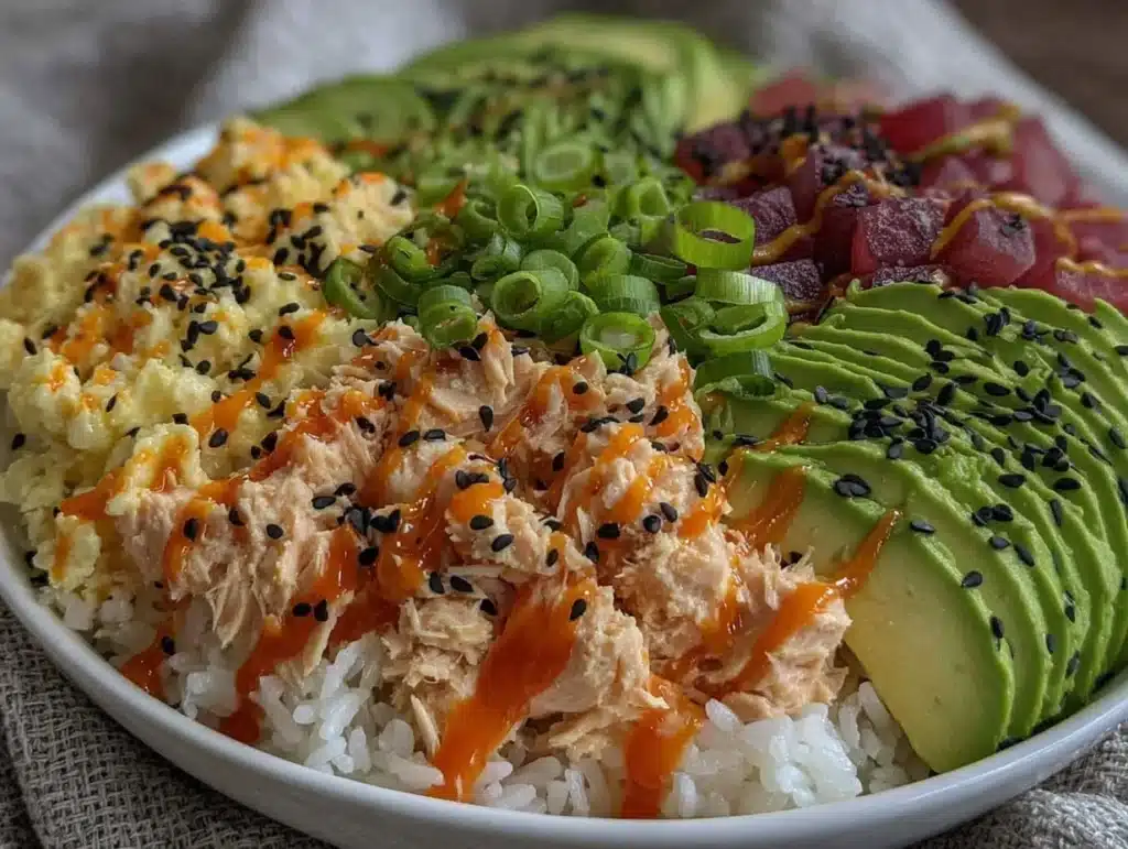 spicy tuna rice bowls - featured image