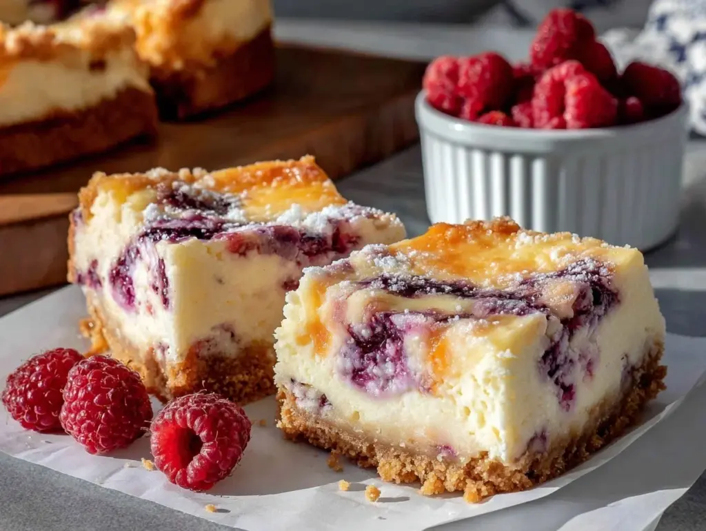 white chocolate raspberry cheesecake bars - featured image