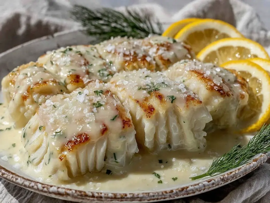 baked cod with lemon dill sauce - featured image