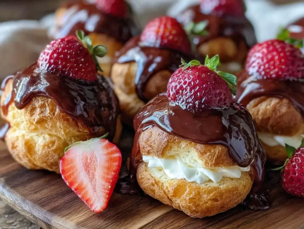chocolate-dipped strawberry crème puffs - featured image