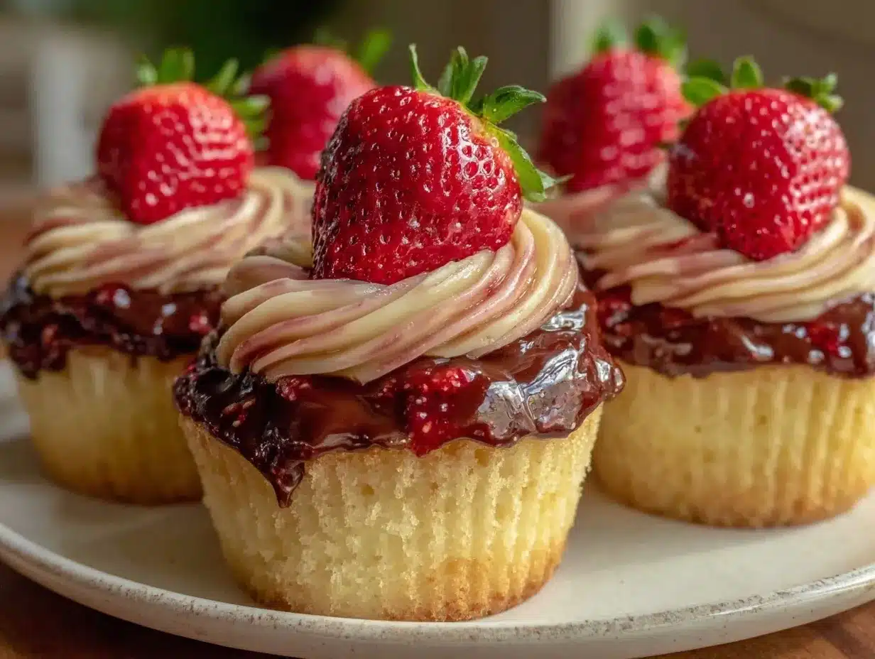 chocolate-dipped strawberry cupcake swirl tops preparation steps