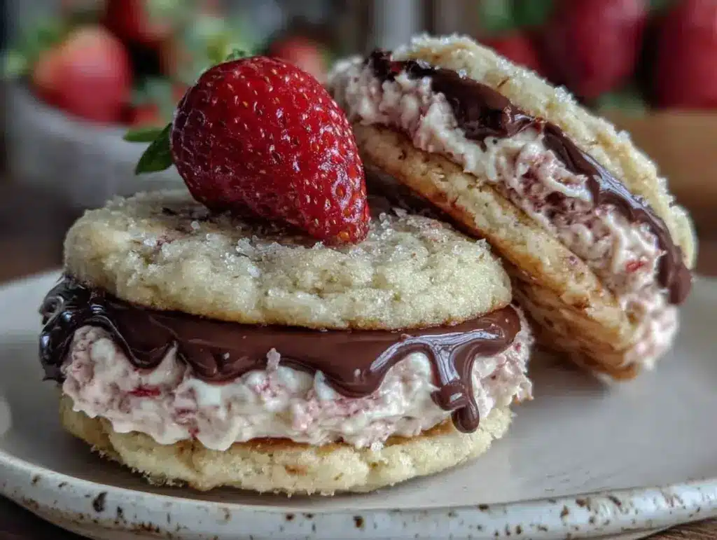 chocolate-dipped strawberry sugar cookie sandwiches - featured image