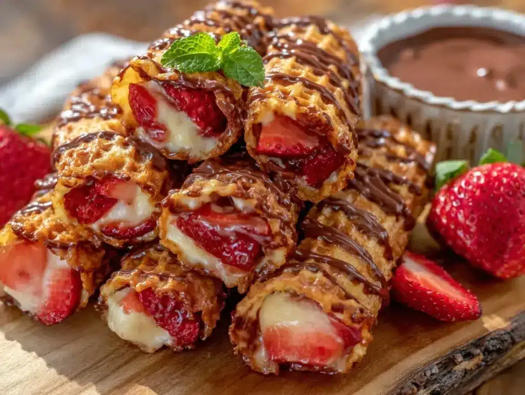 chocolate-dipped strawberry waffle rollups - featured image