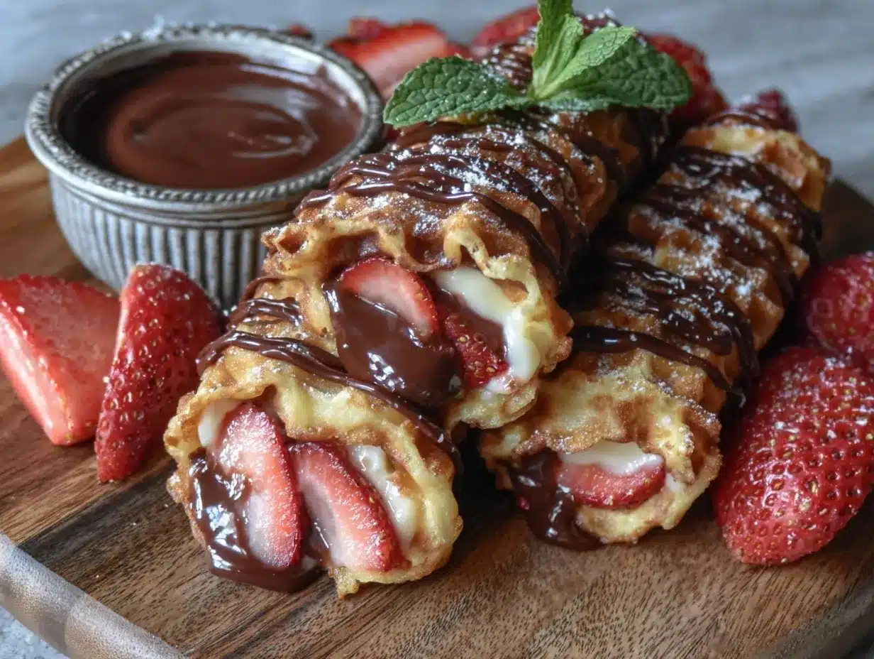 chocolate-dipped strawberry waffle rollups preparation steps