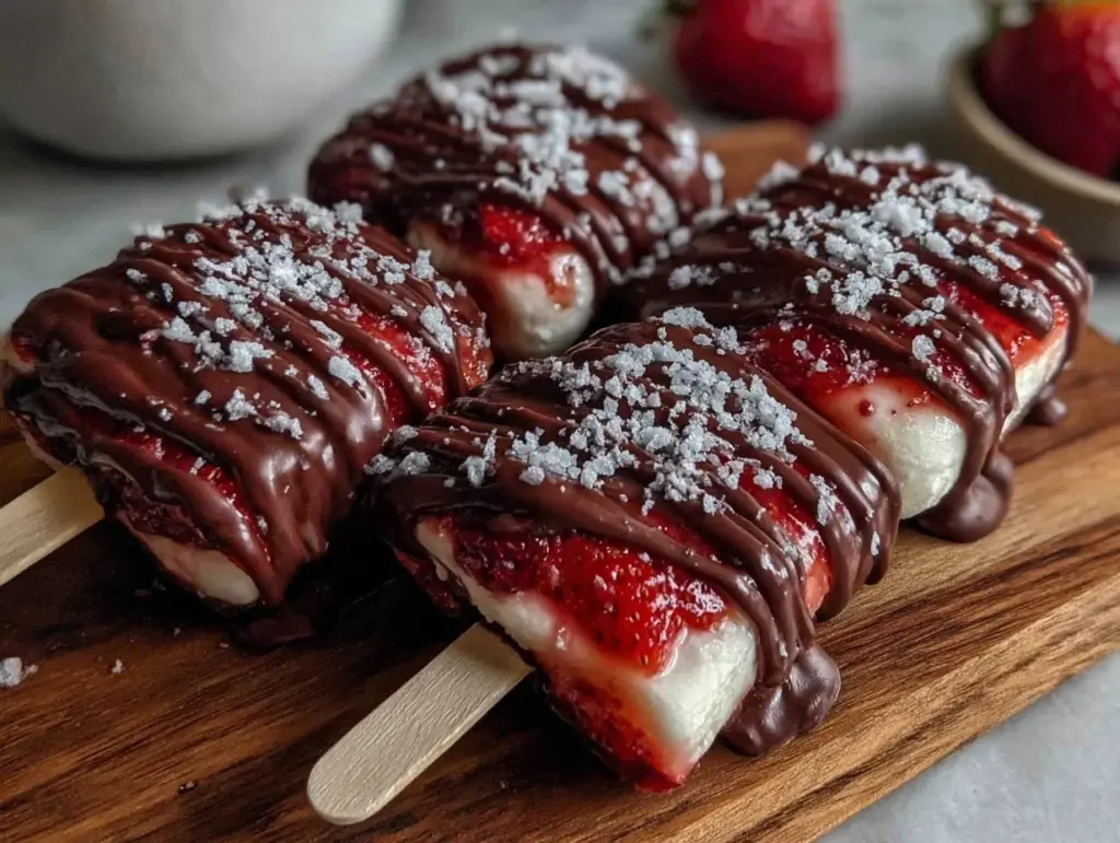 creamy chocolate-covered strawberry marshmallow popsicles - featured image