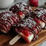 creamy chocolate-covered strawberry marshmallow popsicles - featured image