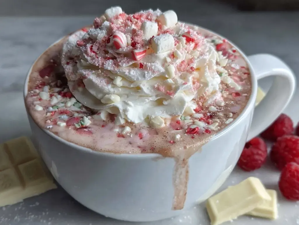 creamy pink velvet hot chocolate - featured image