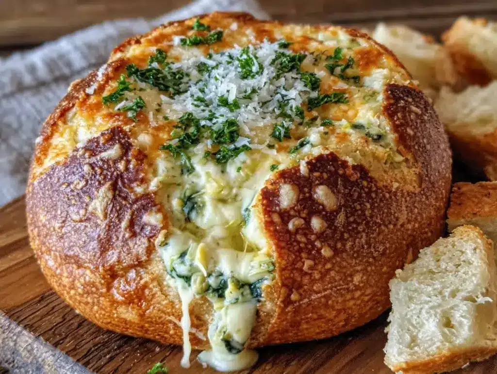 creamy spinach artichoke dip bread bowl - featured image