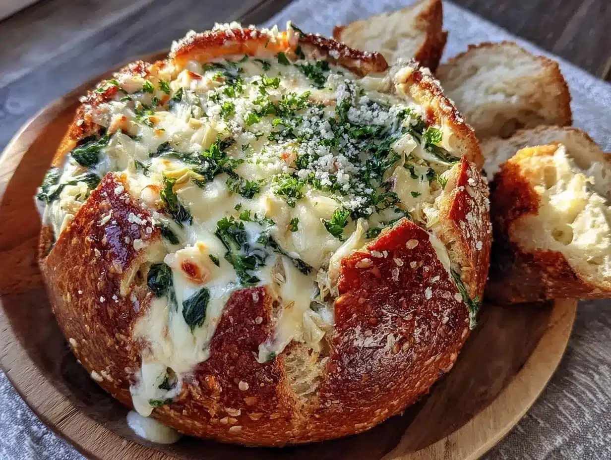 creamy spinach artichoke dip bread bowl preparation steps