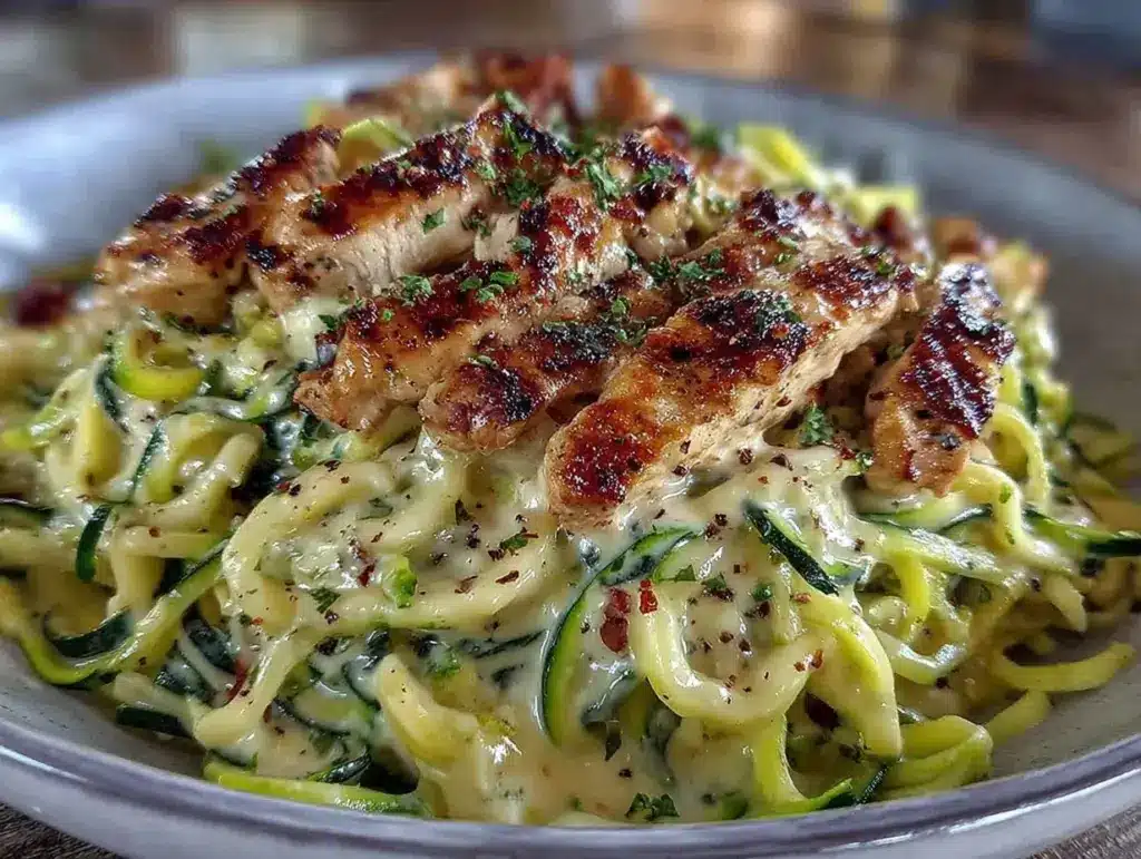 healthy chicken alfredo zoodle toss - featured image