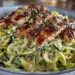 healthy chicken alfredo zoodle toss - featured image