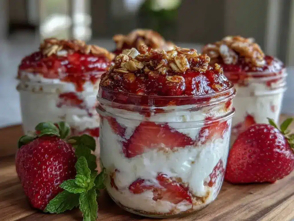 healthy high-protein strawberry parfait jars - featured image
