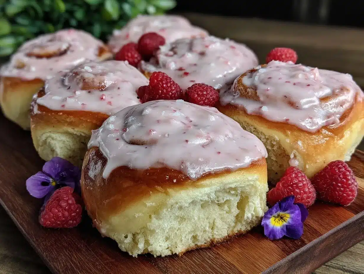 pink frosted cinnamon roll board preparation steps