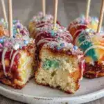 rainbow cheesecake donut pops - featured image