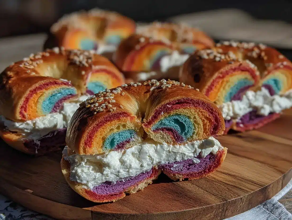 rainbow cream cheese bagel swirls preparation steps