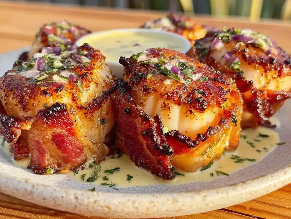 bacon-wrapped seared scallops - featured image