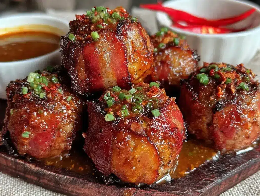 bacon wrapped spicy sriracha meatballs - featured image