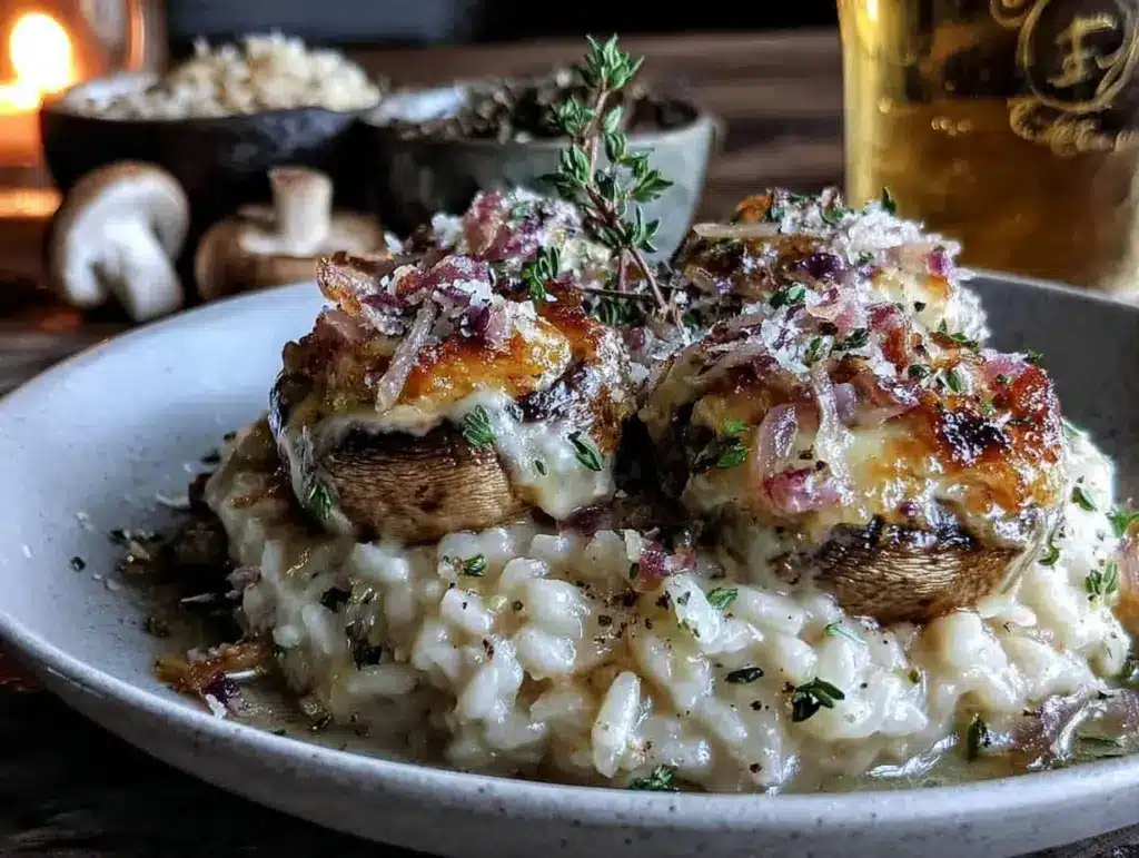 creamy cheese-stuffed mushroom risotto - featured image