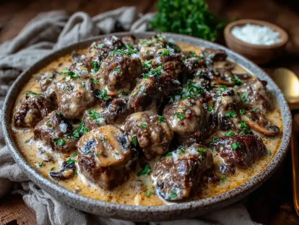 creamy crockpot beef and mushroom stroganoff - featured image