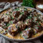 creamy crockpot beef and mushroom stroganoff - featured image