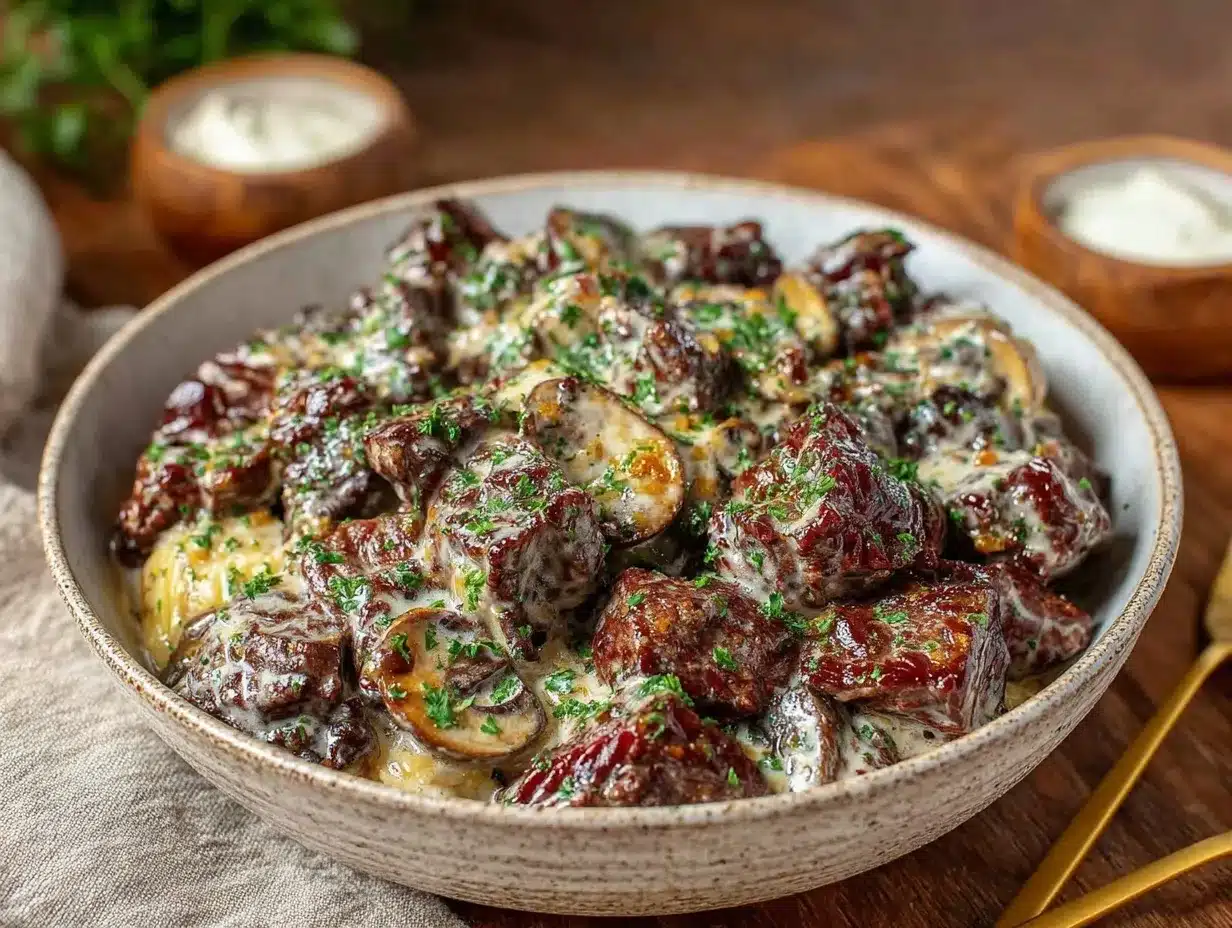 creamy crockpot beef and mushroom stroganoff preparation steps