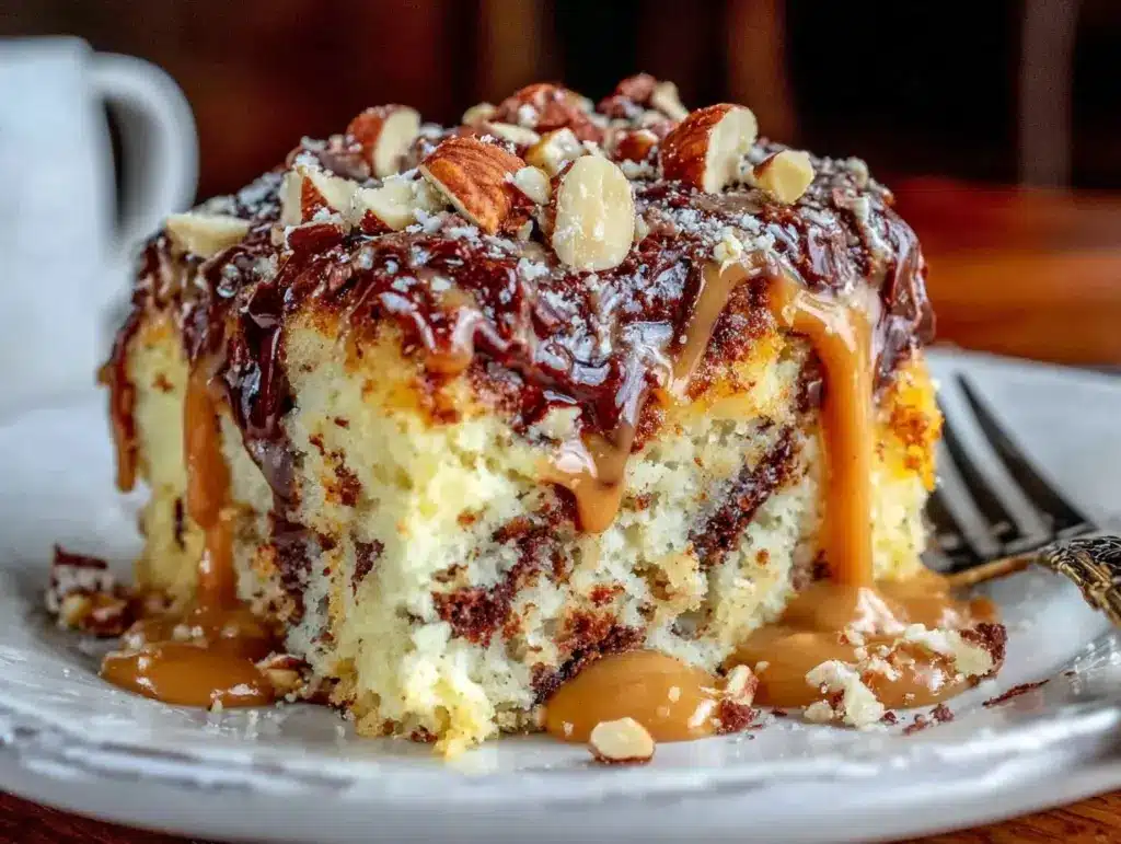 creamy peanut butter chocolate poke cake - featured image