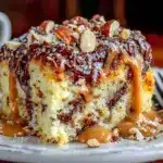 creamy peanut butter chocolate poke cake - featured image
