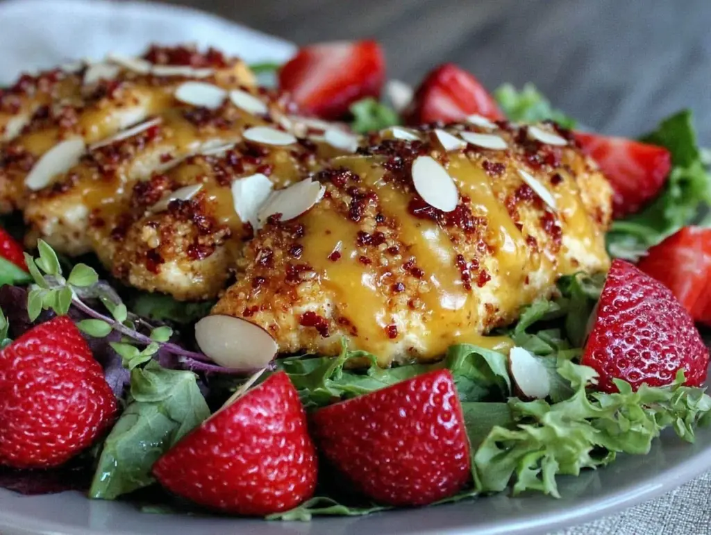 crispy honey mustard chicken strawberry salad - featured image