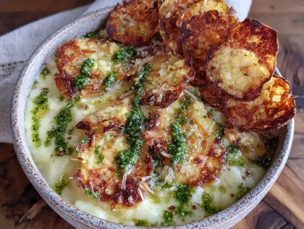 crispy potato soup with basil pesto - featured image