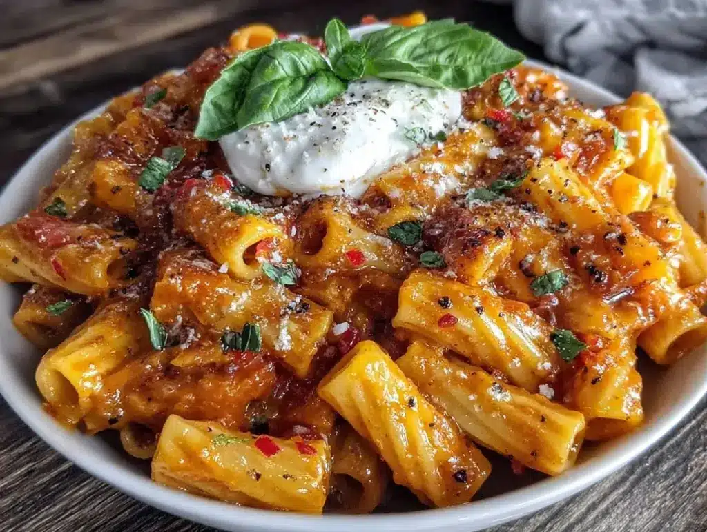 creamy spicy vodka rigatoni with burrata - featured image