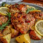 crispy sheet pan lemon herb chicken thighs - featured image
