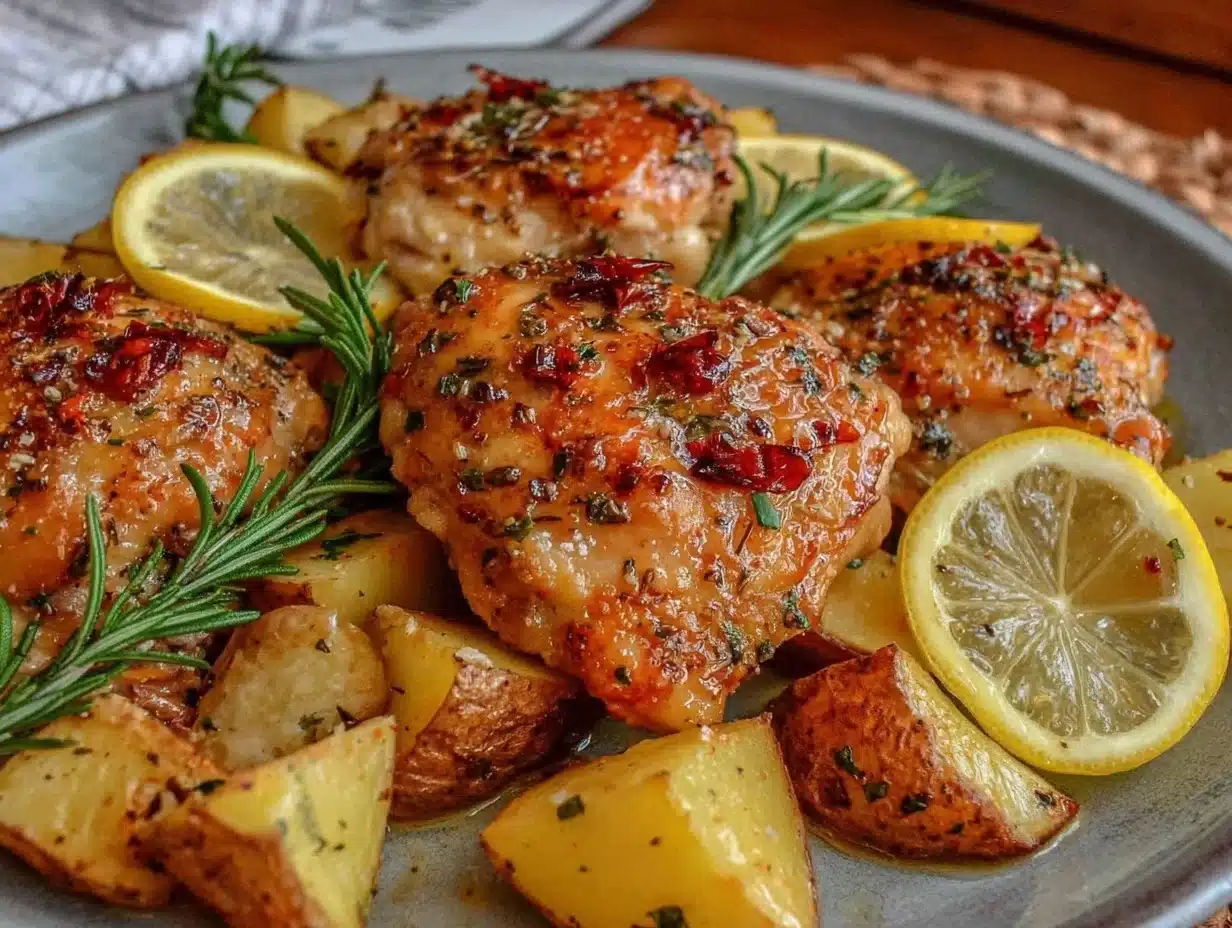 crispy sheet pan lemon herb chicken thighs - featured image
