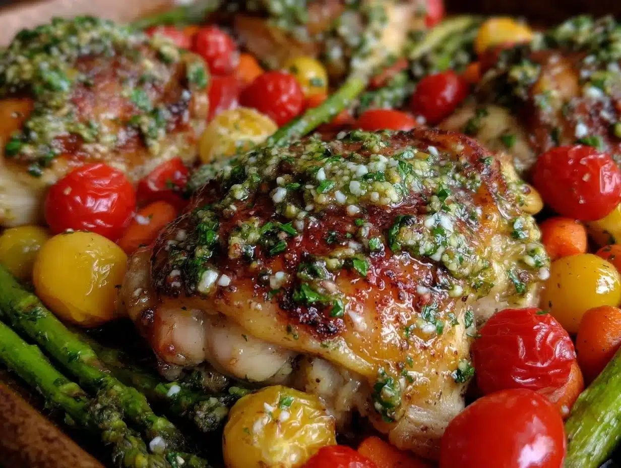 easy crispy sheet pan pesto chicken - featured image
