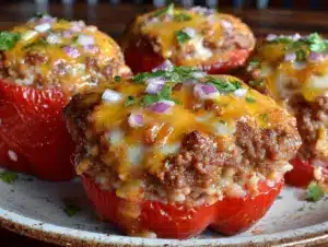 cheesy beef and rice stuffed peppers - featured image