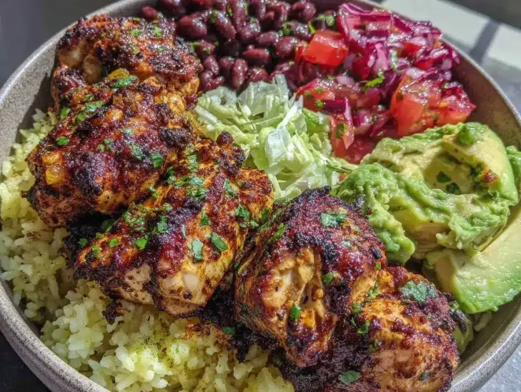 chicken burrito bowl meal prep - featured image