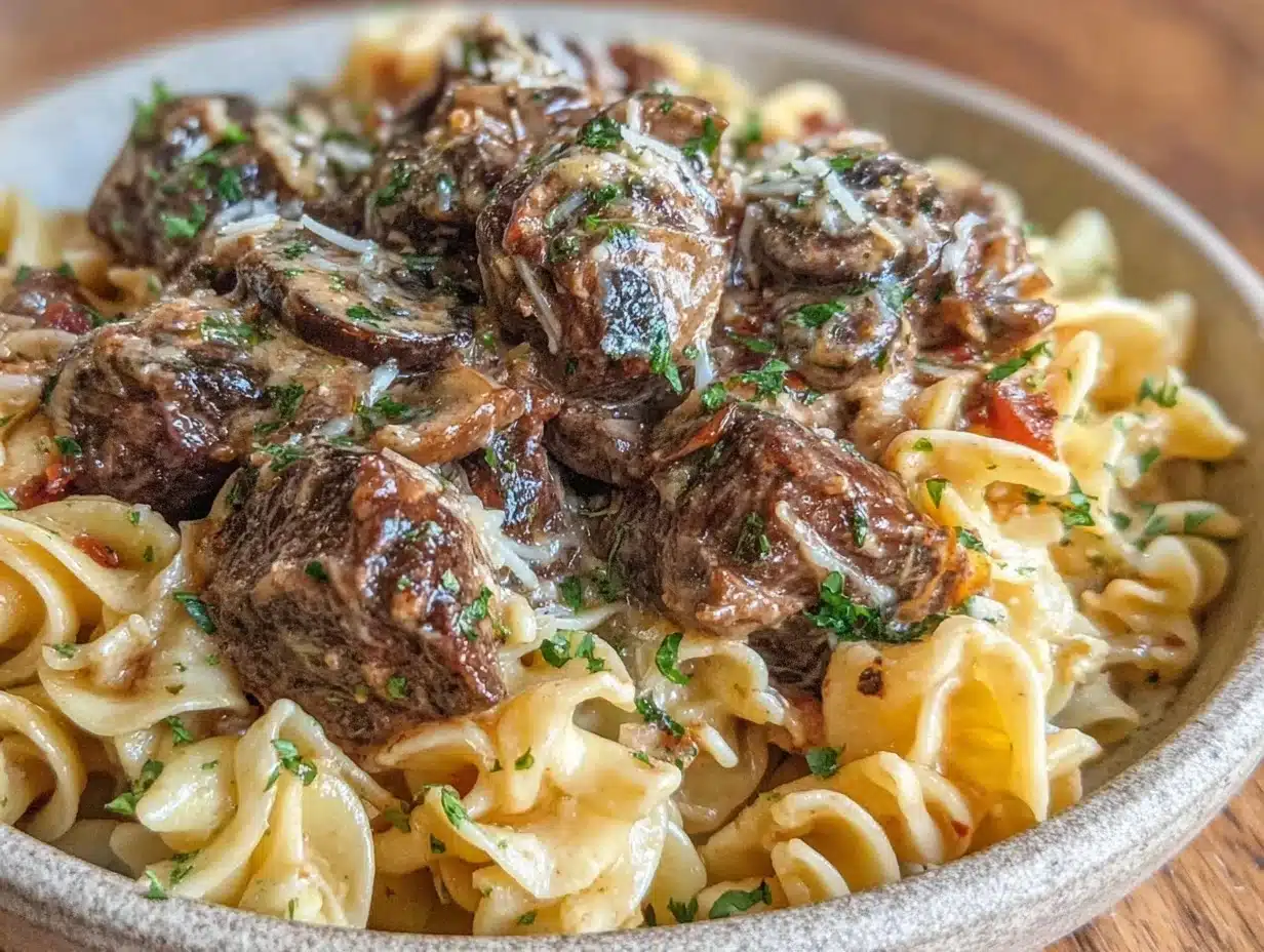 creamy crockpot beef stroganoff - featured image