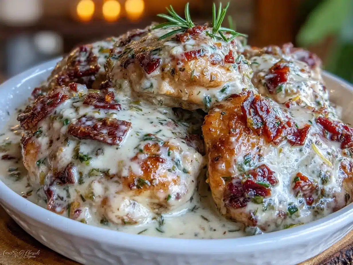 creamy crockpot tuscan garlic chicken - featured image