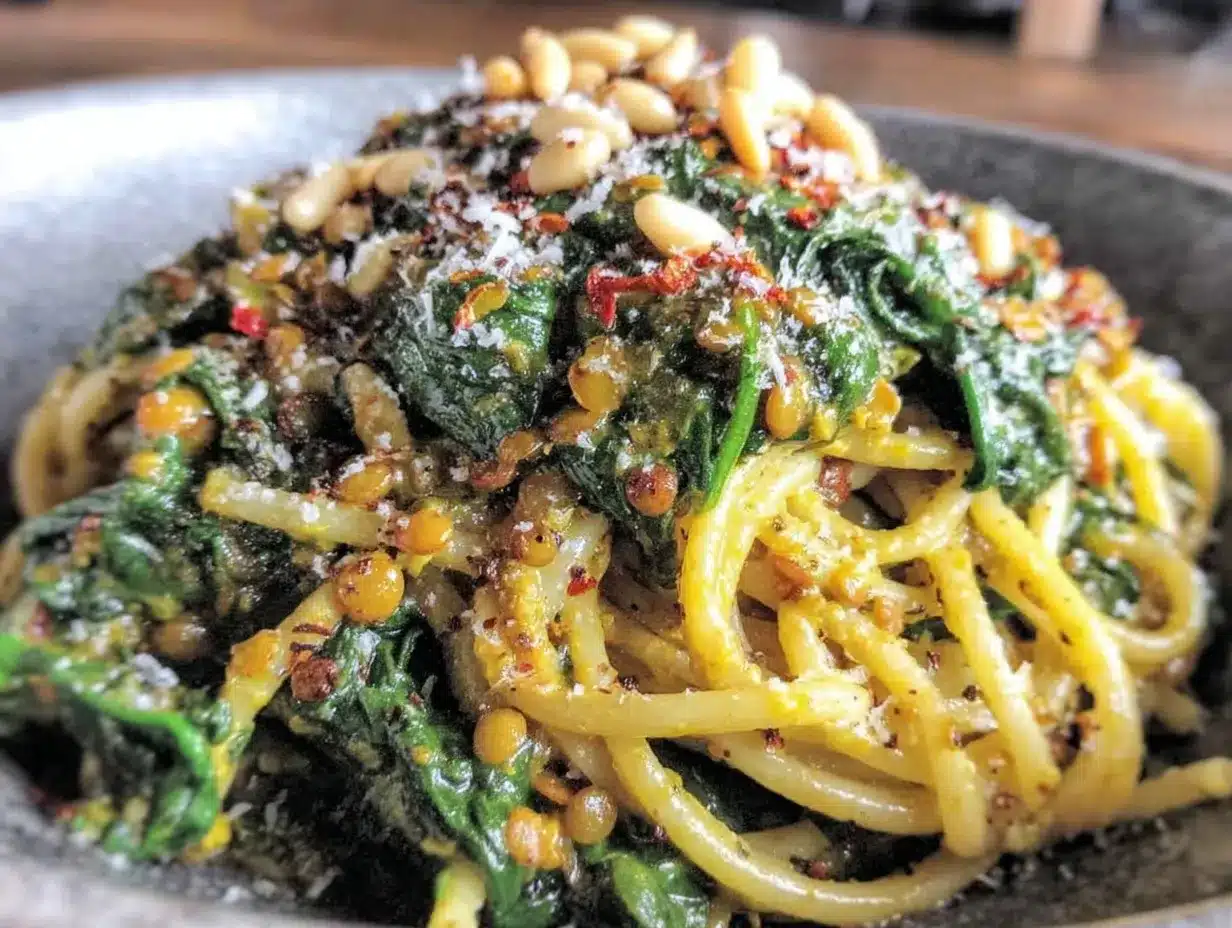 creamy one-pot lentil pasta with spinach preparation steps