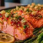 crispy lemon garlic salmon sheet pan dinner - featured image