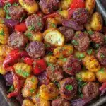 crispy sheet pan italian sausage with peppers and gnocchi - featured image