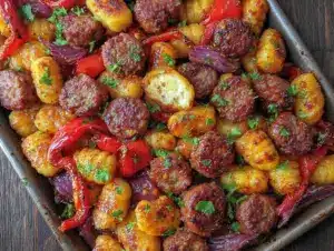 crispy sheet pan italian sausage with peppers and gnocchi - featured image