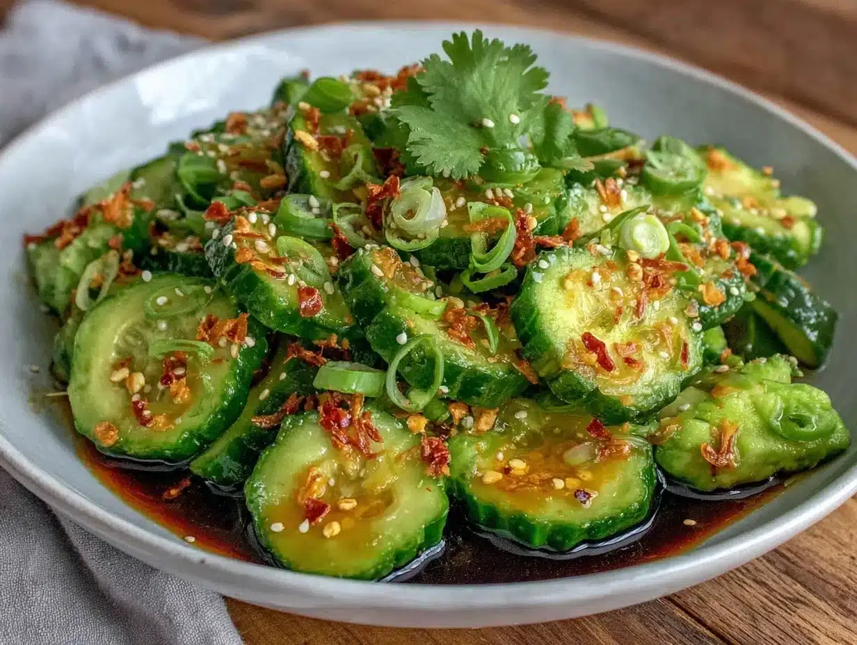 crispy spicy asian smashed cucumber salad - featured image