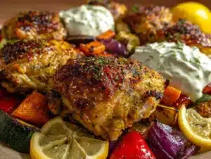 easy greek chicken sheet pan dinner - featured image