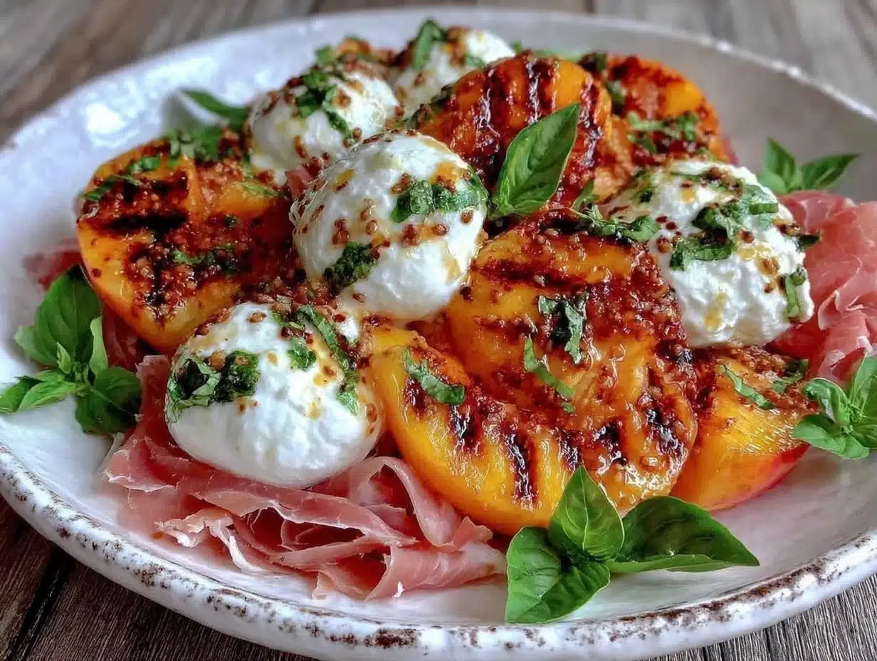 fresh grilled peach and burrata salad - featured image